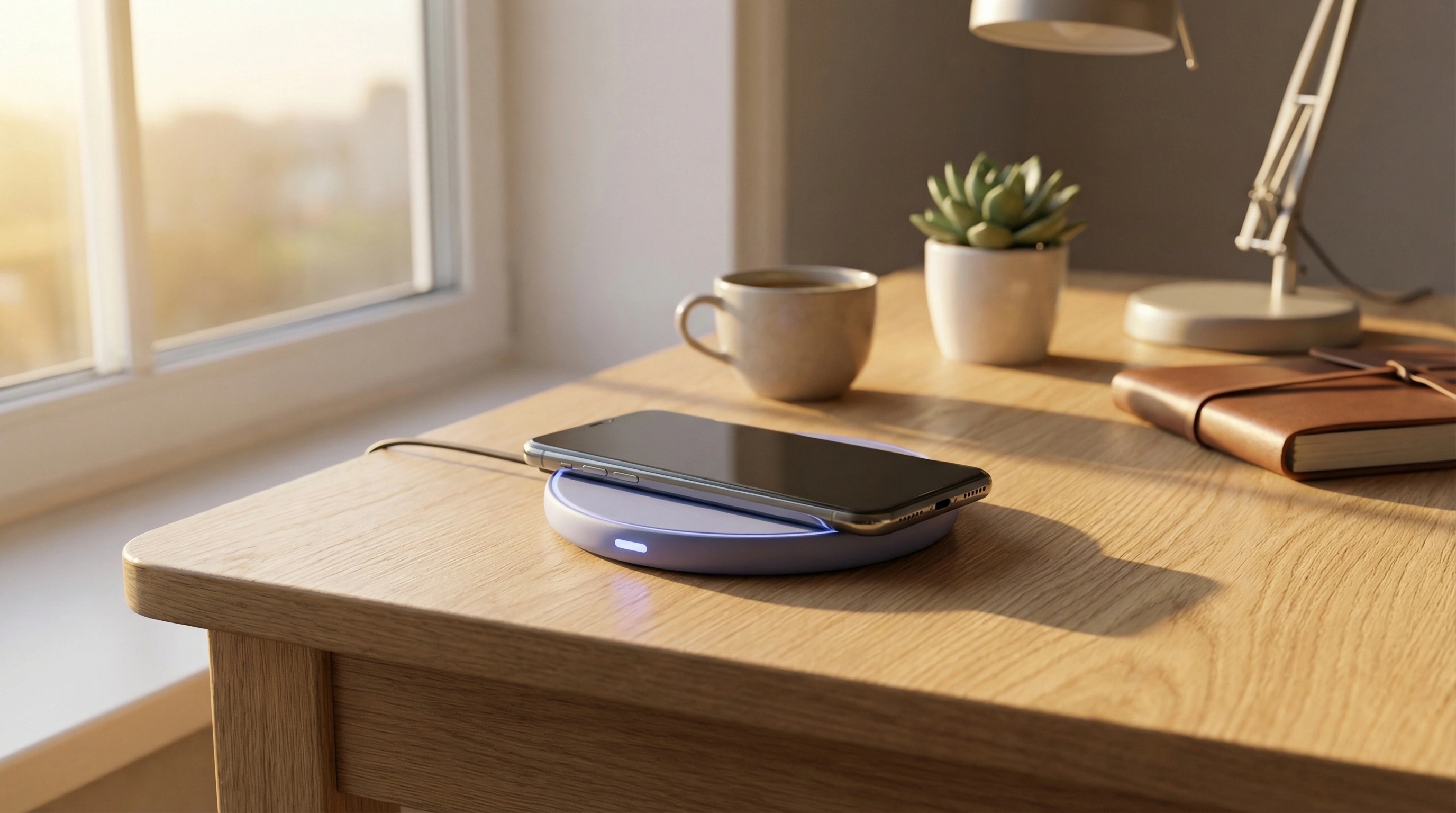 Беспроводная зарядка с телефоном в современном интерьере