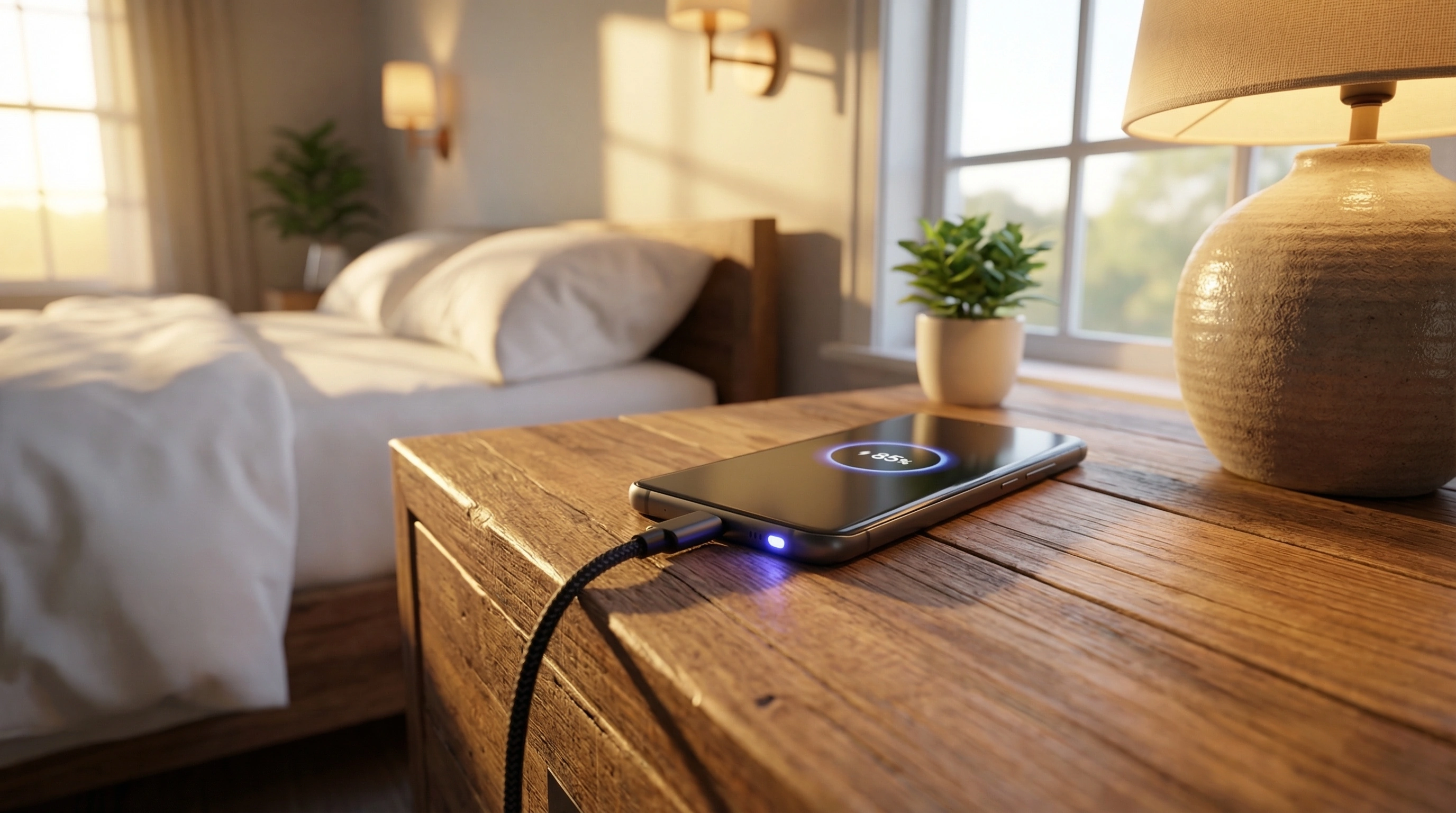 Смартфон с кабелем быстрой зарядки и индикатором заряда