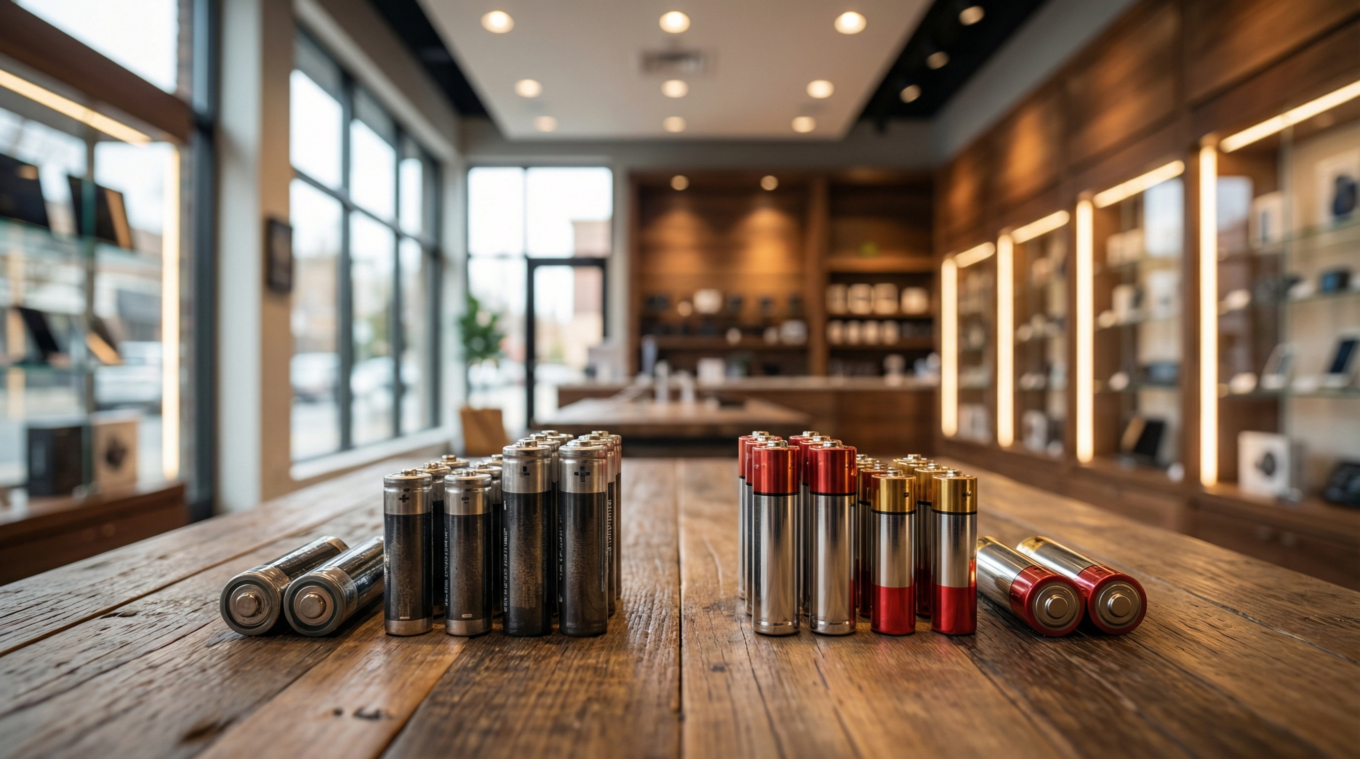 Сравнение аккумуляторных и одноразовых батареек на столе