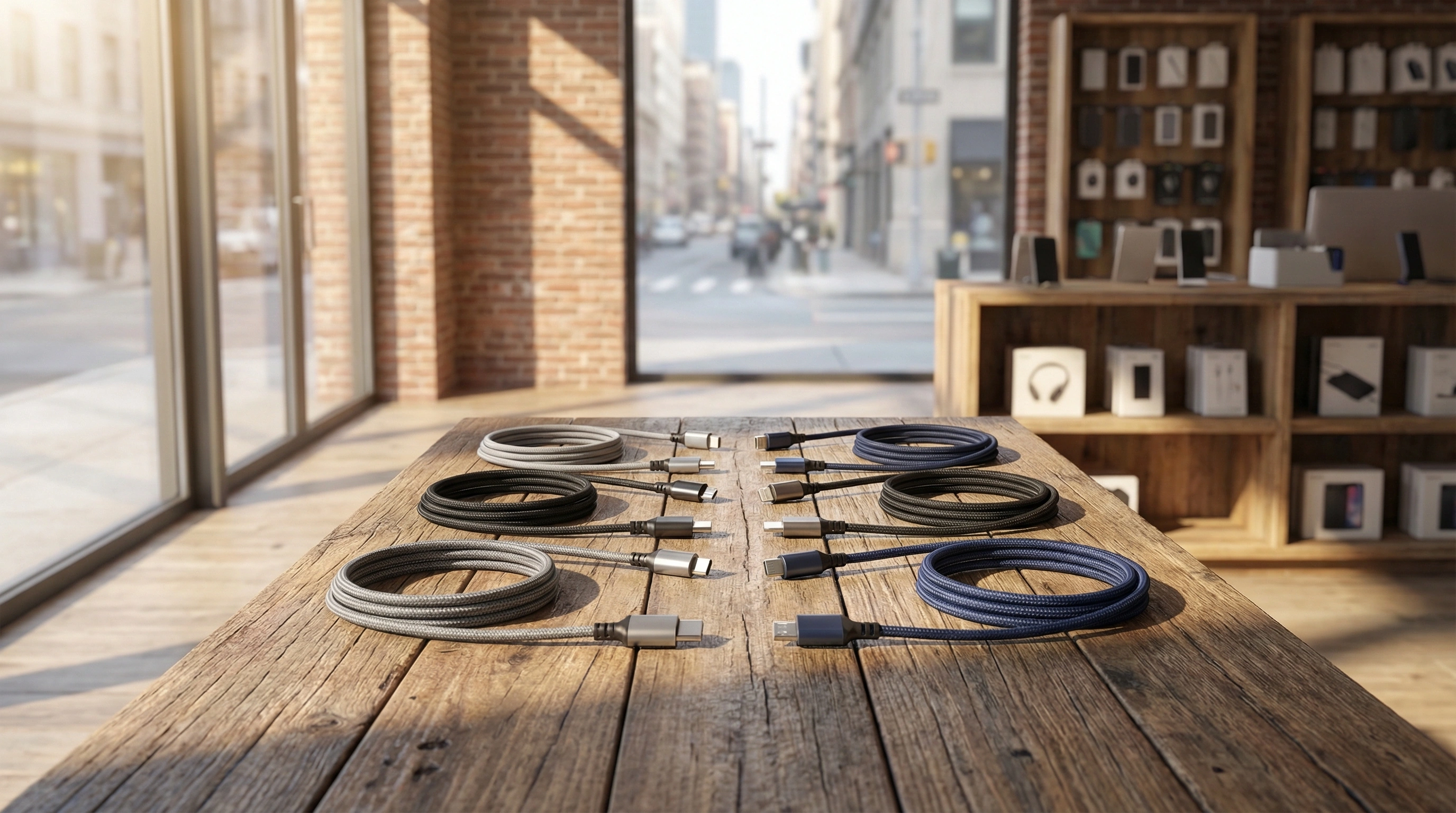 Разные кабели для зарядки смартфонов на столе магазина