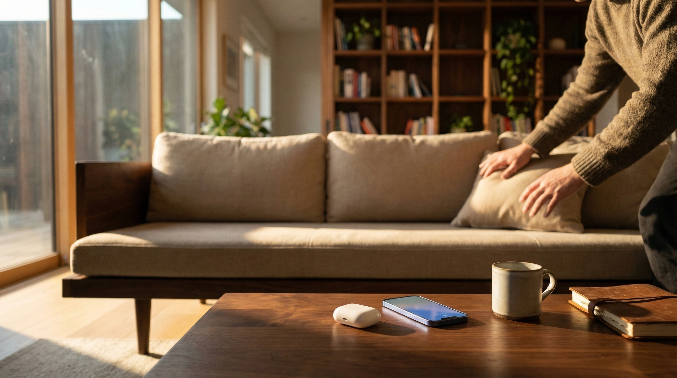 Человек ищет потерянный кейс от AirPods в доме среди вещей на столе