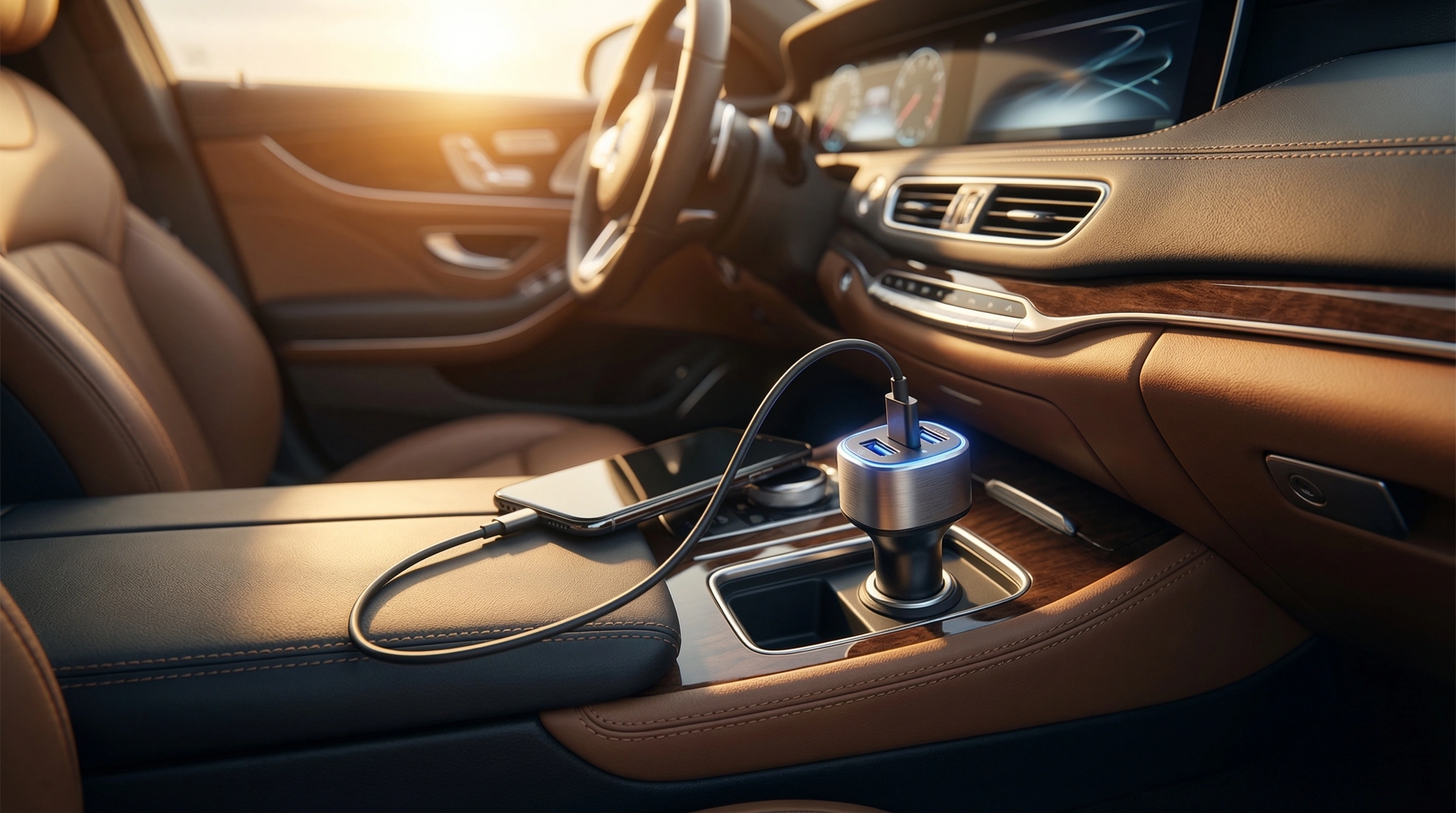 Современная автомобильная зарядка с USB портами в салоне машины