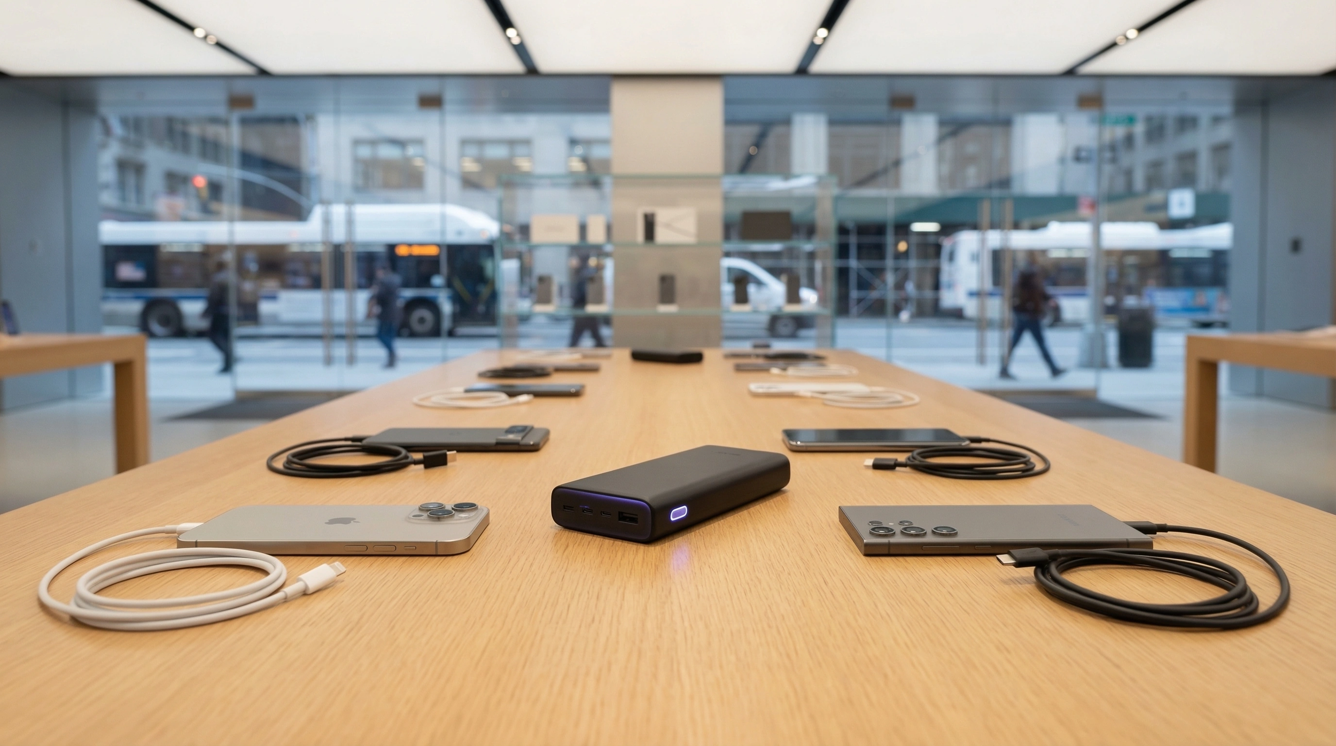 Современный Power Bank рядом со смартфоном и кабелями