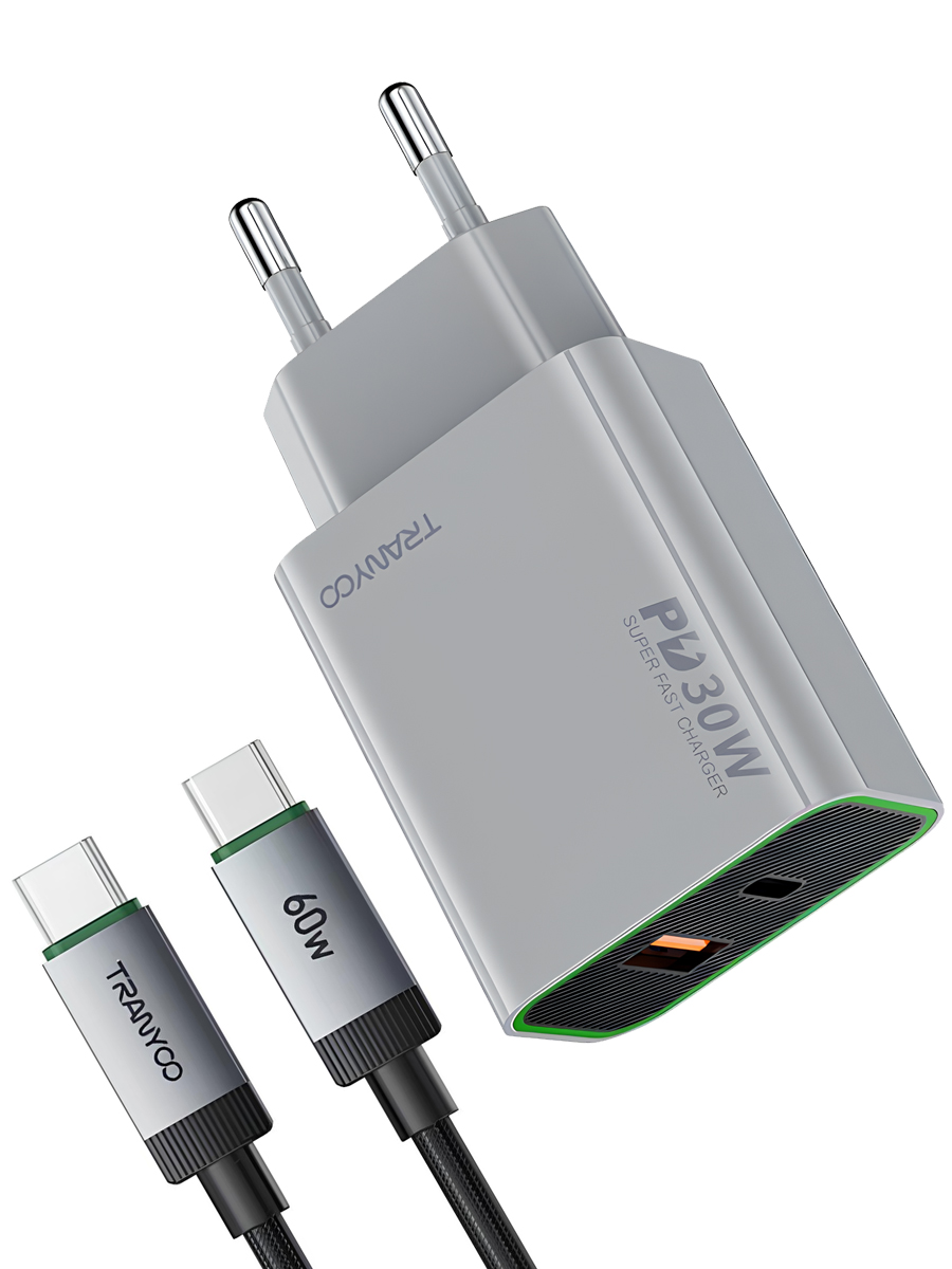ЗУ Tranyoo EU13C 1 USB / 1 Type-C PD 30W с кабелем Type-C